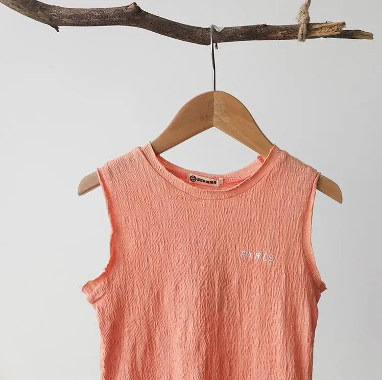

2021 Summer New Cotton Linen T Shirt For Children Sleeveless Tee Girls T Shirt Vest Tops Letter Embroidery Kids Clothes