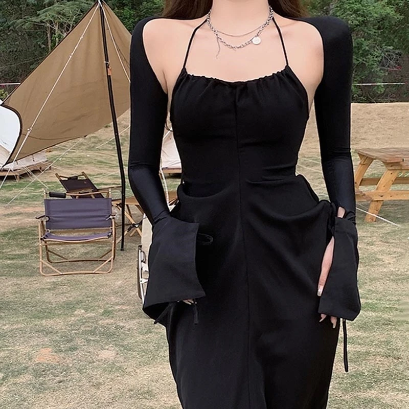 

Women Sexy Camisole Halter Backless Sleeveless Sheath Dress Summer Solid A-line High Waist Mid-calf Slim Dresses Female