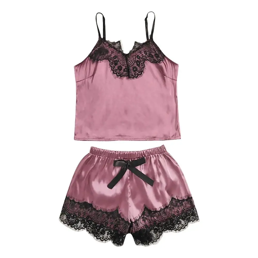 Pink Женский кружевной атласный беспроводной бюстгальтер Camisole пижамы шорты с бантиком комплект пижамы 661SW1 - Цвет: Pink