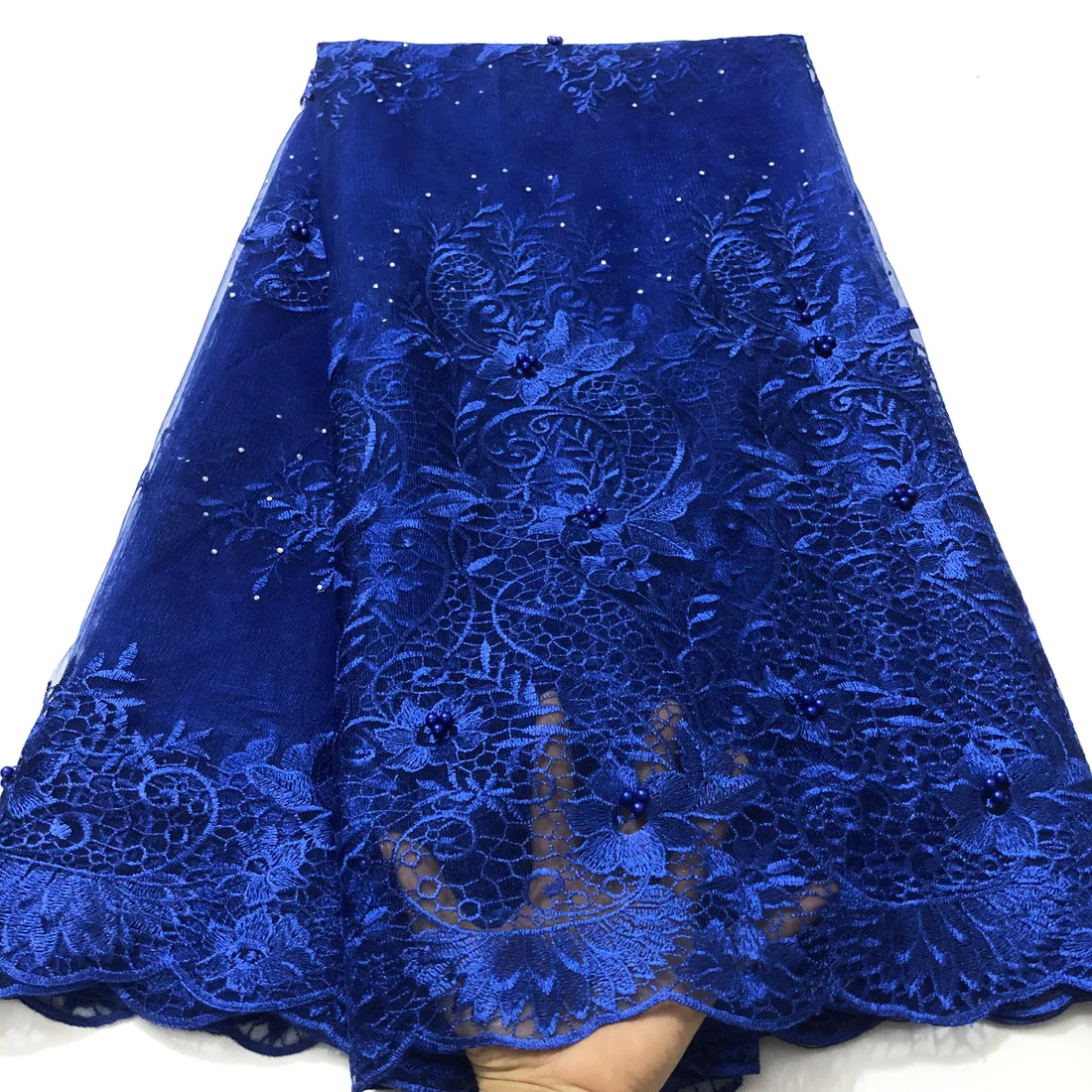 Золотисто-синяя африканская кружевная ткань вышитая нигерийская гипюровая