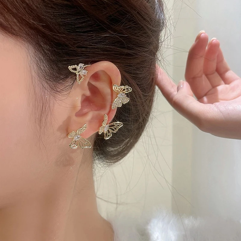 New Shining Zircon Butterfly Ear Clip Earrings For Women Girls Fashion Non Piercing Ear Cuff Ear-hook Party Wedding Jewelry Gift