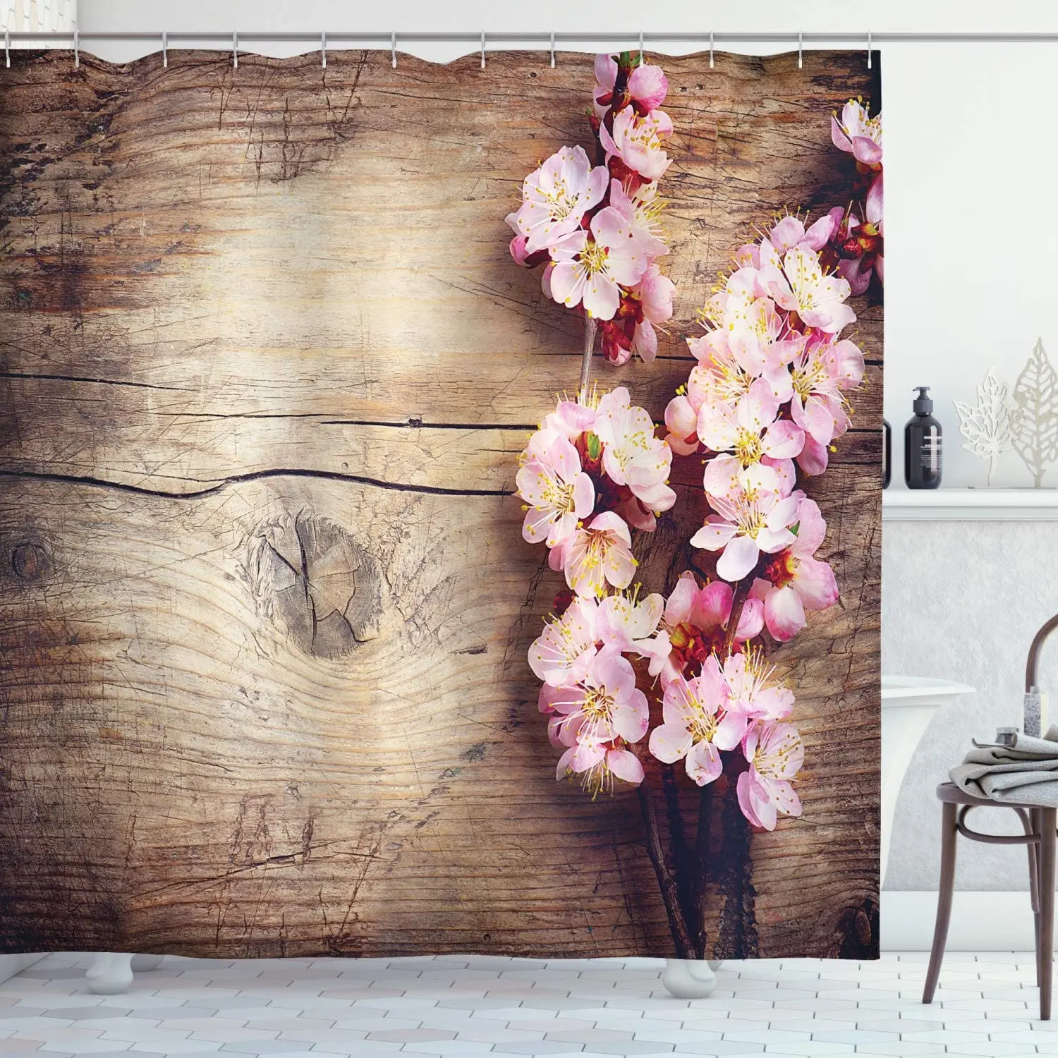 

Spring Blossom on Wooden Table Romantic Natural Farmhouse Style Home Decoration Print, Bathroom Accessories