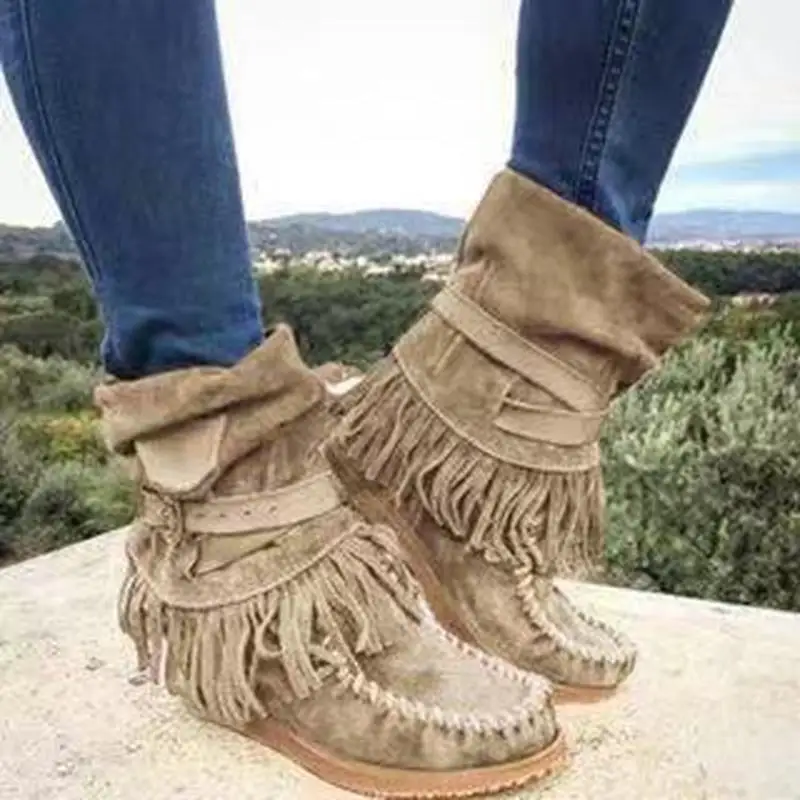 

Fringe Middle Boots Women Sexy Tassel Boots Fashion Buckle Motorcycle Boots Flat Heel Boot Women Cowboy Style Bota Feminina