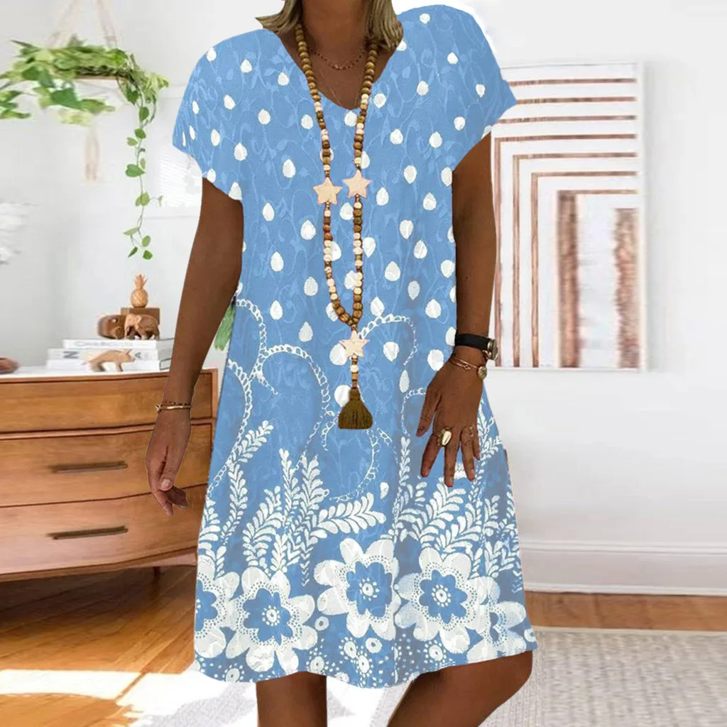 women's summer Dot Floral Print Dress Patchwork Summer Loose V-Neck Short Sleeves Lady Sundress Beach Plus Size #25 | Женская одежда