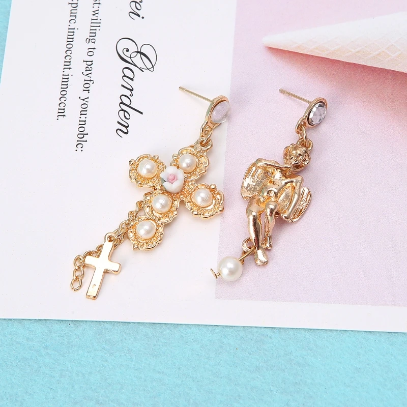 Золотой крест с угловыми крыльями имитация жемчуга подвеска свисающие серьги