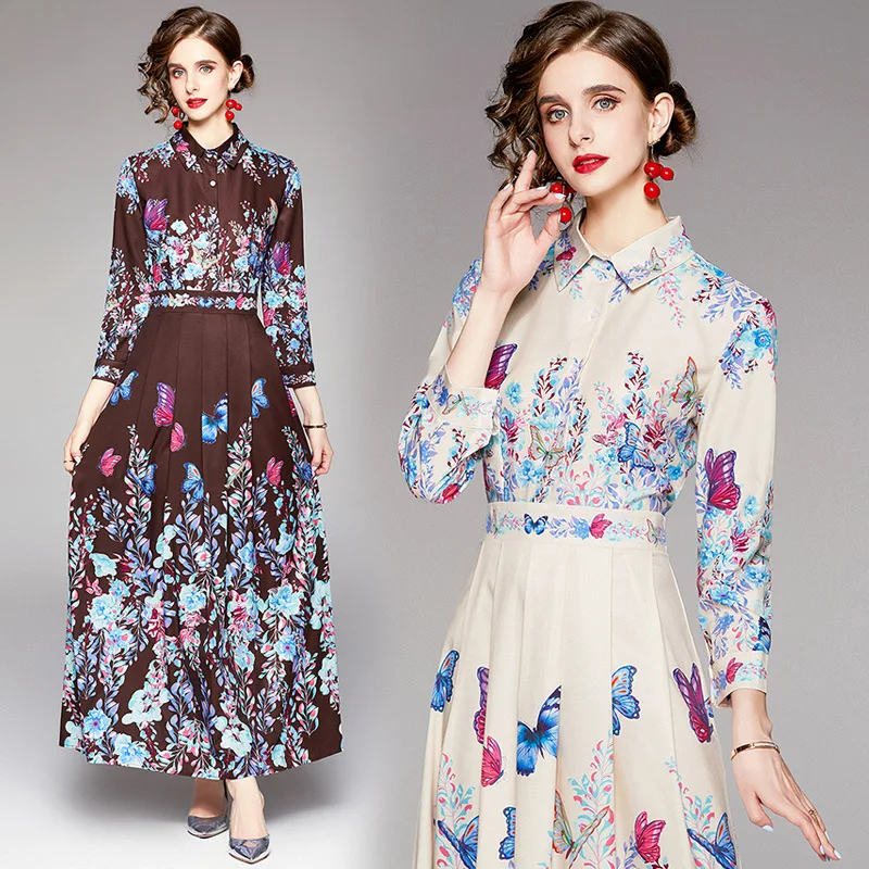 

Women's Clothing Lapel Long Sleeve Fashion Print Slim Long Swing Dress 2021 Autumn Women's Dress Party Commute Elegant