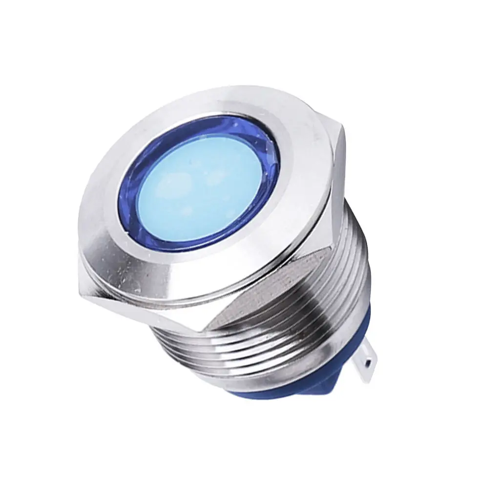 

19mm 12V Waterproof LED Metal Indicator Blue Light Signal Lamp Flat Head