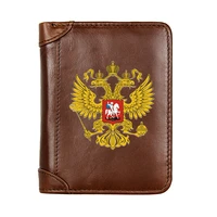 men genuine leather russian eagle badge short wallet male multifunctional cowhide male purse coin pocket photo card holder