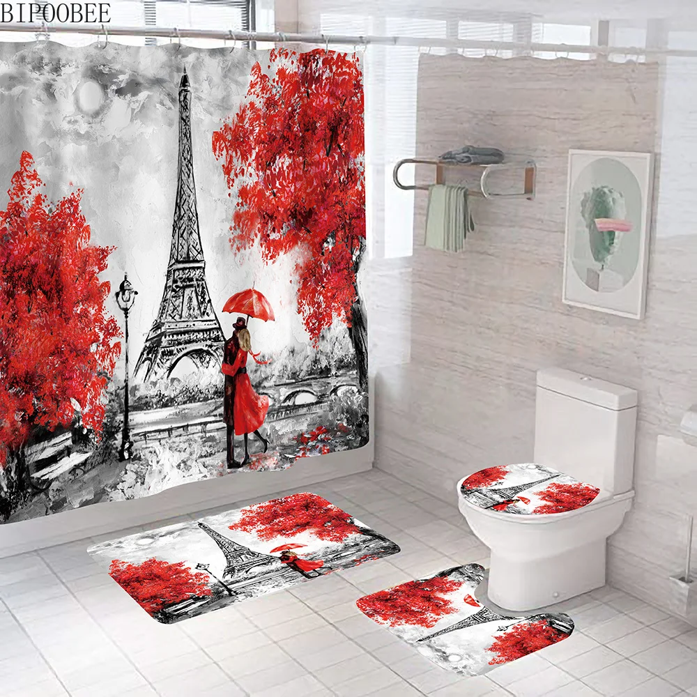 

Romantic Red Lover Shower Curtains for Bathroom Decoration Eiffel Tower Landscape Bath Mats Non-Slip Carpet Toilet Lid Cover