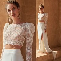 boho o neck wedding dresses 2021 long sleeves two pieces lace applique front split backless sweep train chiffon illusion elegant