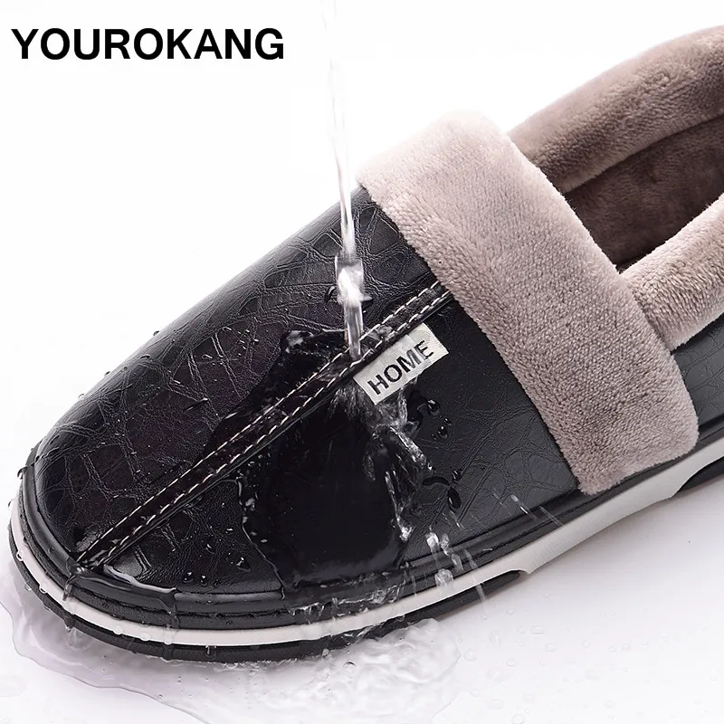 Couple Home Slippers Winter PU Leather Women Plush Slippers For Lovers Plus Size Indoor Warm Furry Soft Floor Female House Shoes