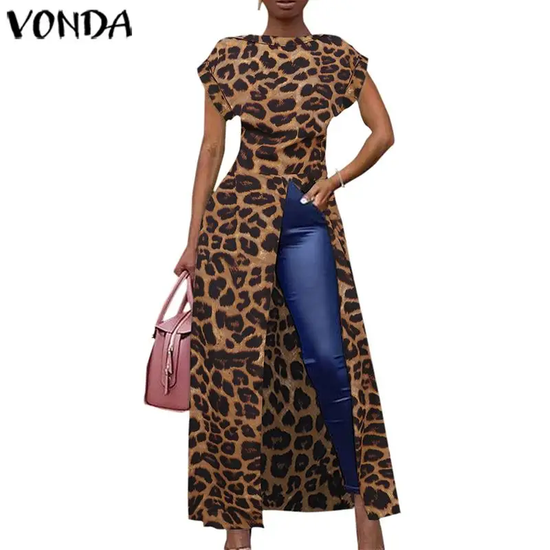 Винтажная блузка VONDA с леопардовым принтом женские рубашки коротким рукавом топы