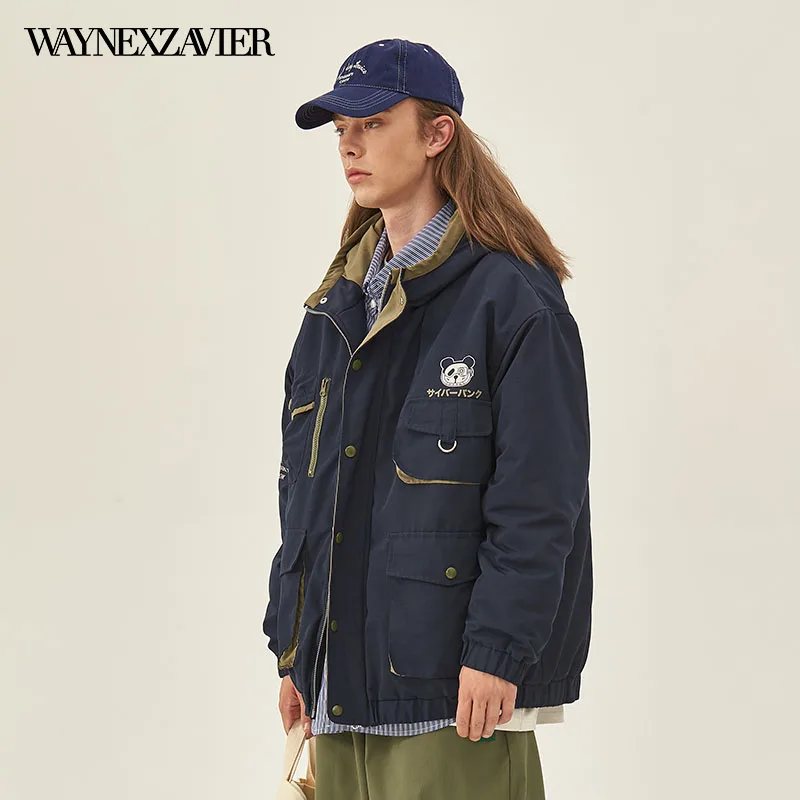 

2021 Winter New Print Men's jacket Hat Cartoon Oversized Pocket Male Coats Branded Clothing Casual Fashion Down Jacket hoodies