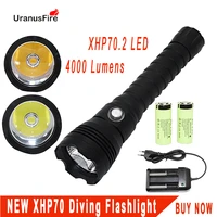 xhp70 2 led diving flashlight tactical 26650 torch yellowwhite light 4000 lumen underwater 100m waterproof xhp70 dive lamp