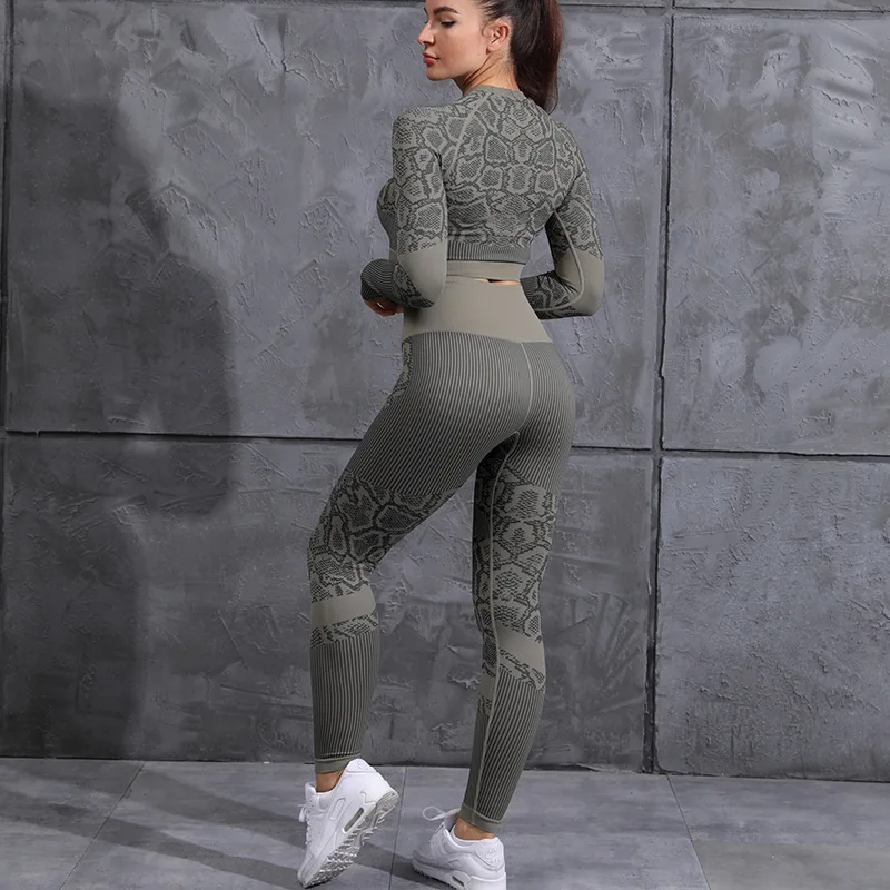 

Women Long Sleeve Sport Suit Serpent Yoga Set Gym High Waist Seamless Squat proof Leggings Stretchy Workout Fitness Sportswear