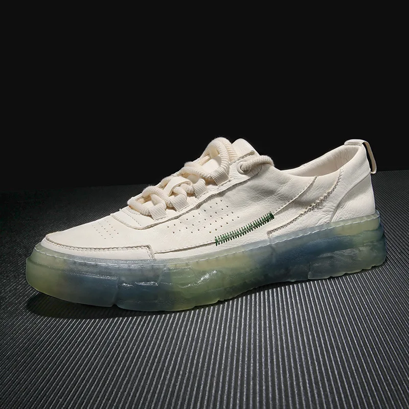 

2021 Deconstructed Explosive Men's Shoes Top Layer Leather White Shoes Jelly Thick Bottom Shoes Breathable Running Shoes