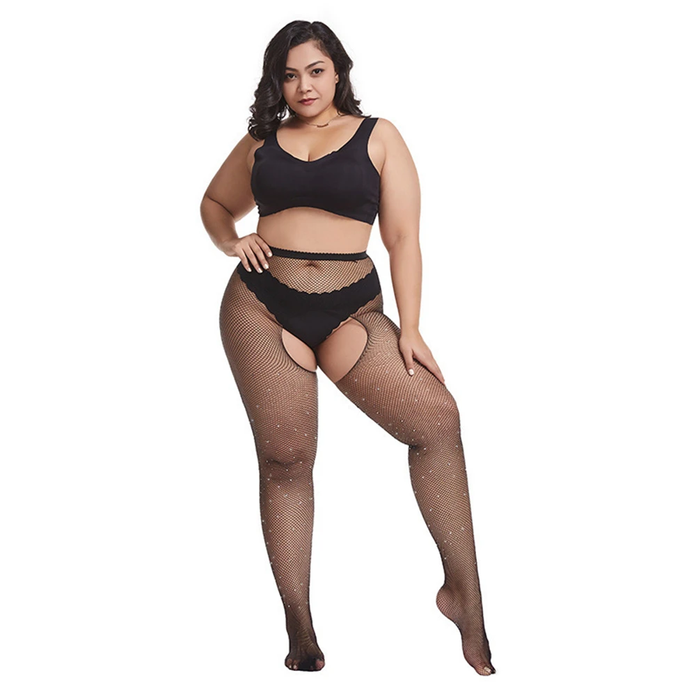 Женские ажурные черные пикантные колготки с открытой промежностью блестящие