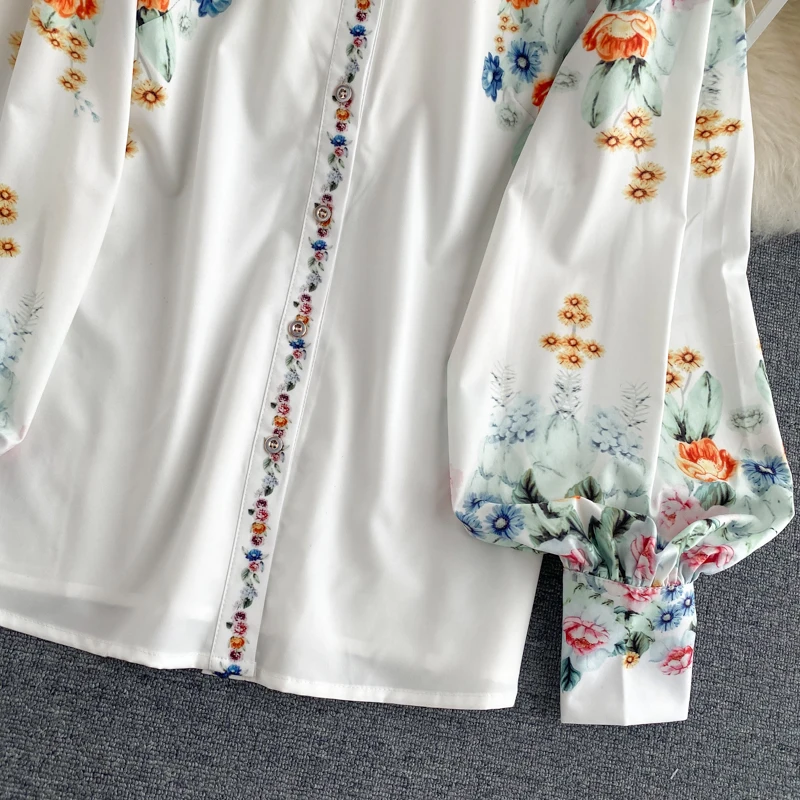 

ZCWXM Spring New Women Vintage Printed Lantern Designed Blouses Long Sleeves Single Breasted Autumn Loose Shirt Tops Ladies