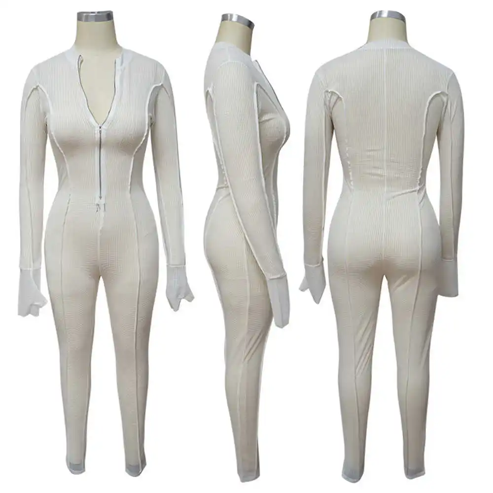 

Sheer Mesh Plaid Sexy Jumpsuit for Women Front Zip V Neck Long Sleeve Romper Party Night Club Rompers Womens Jumpsuit Body Suit