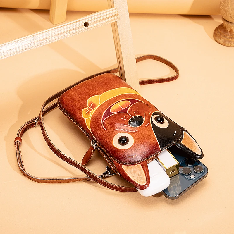

2021 Genuine Leather Brand Luxury Ladies Cute Dog Over The Shoulder bag Women Designer female Satchel bag 6" Phone Pouch Case