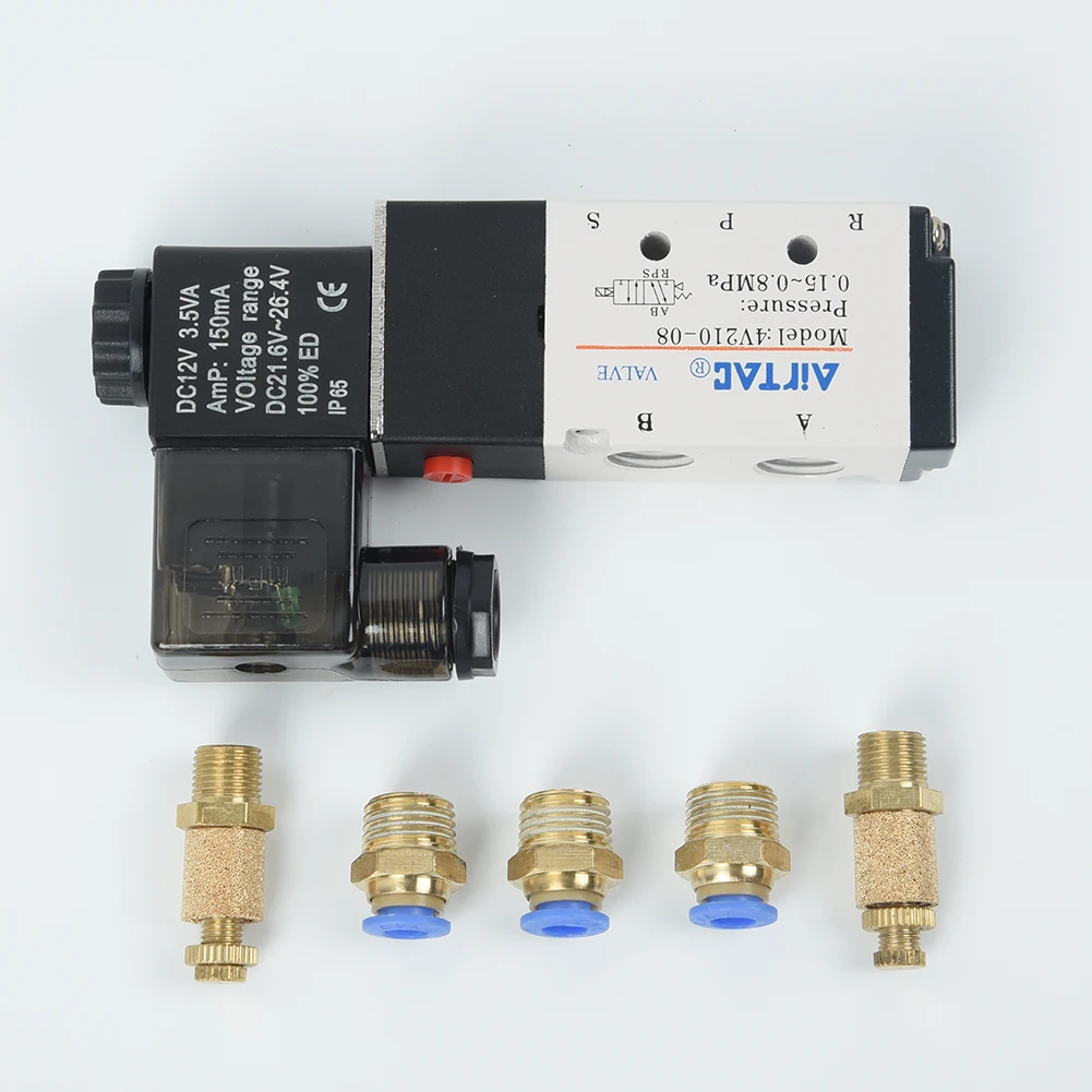 4V210 08 DC 12V электромагнитный пневматический клапан 5 портов 2 позиции и Соединитель