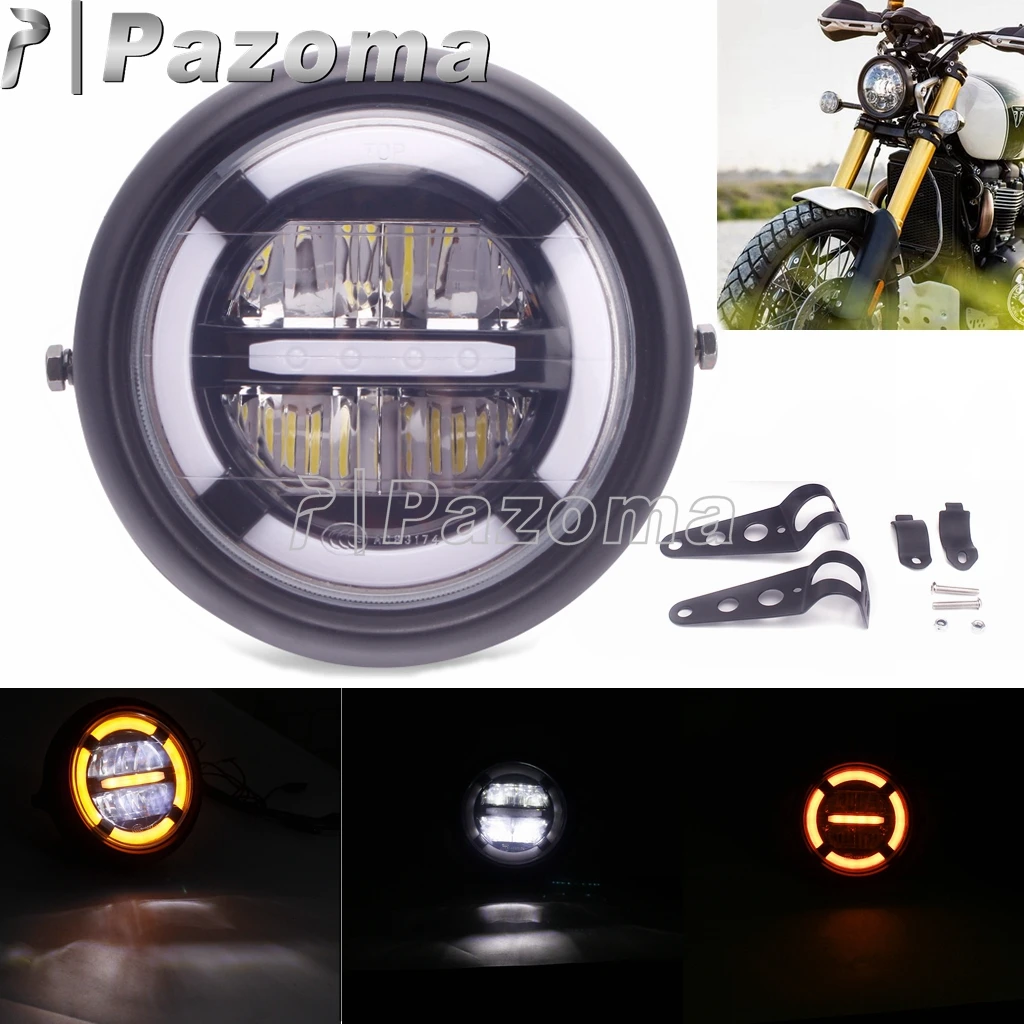 

Cafe Racer Motorbike 7inch LED Headlight Motorcyle White Hi/LO Beam & Amber Angel Ring Headlamp For Harley Custom Bobber Chopper