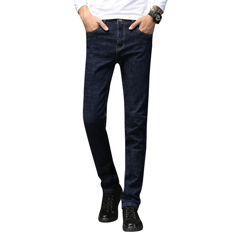 Dark blue Мужские джинсы, молодежные, корейские, тянущиеся, тонкие, маленькие, прямые брюки,, Осенние, новые, темно-синие, джинсовые брюки, больше размеров 28-40 - Цвет: Dark blue