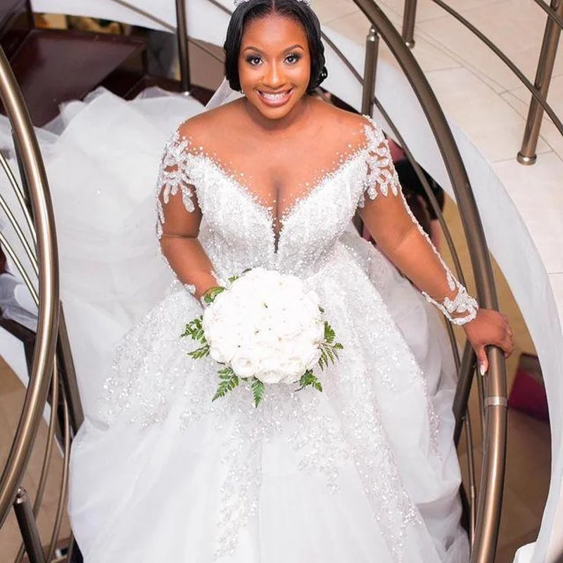 

Plus Size Arabic Luxurious A-Line Long Sleeves Lace Wedding Dress Sheer Neck Mermaid Beaded Bridal Gown Robe De Mariage