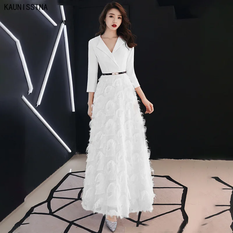 

Белое коктейльное платье KAUNISSINA, женское элегантное платье с V-образным вырезом и рукавом три четверти, вечерние платья с поясом, женские платья для встречи выпускников
