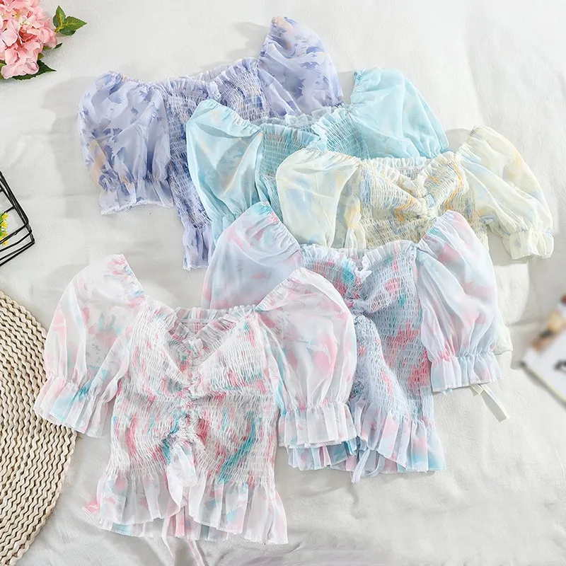 

Chiffon Blouse Women Summer Sexy Fashion Pleated Contrast Color Square Collar Tops Female Short Sweet Blouse