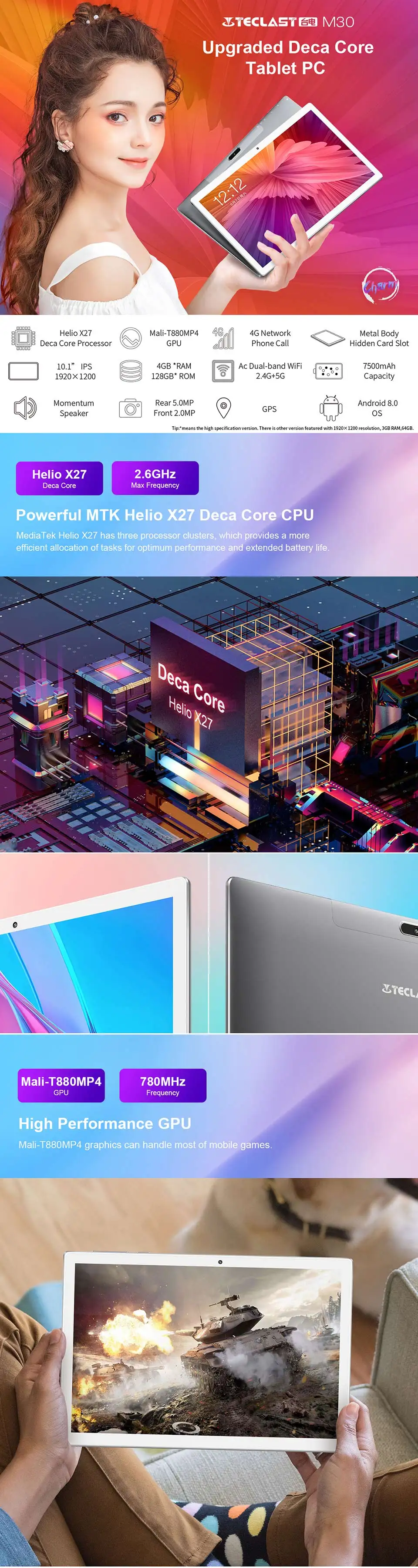 Teclast M30 10,1 дюймов планшет 2560x1600 2,5 K ips экран 4G Phablet MT6797 X27 Deca Core 4 Гб ram 128 Гб rom Android 8,0 планшеты ПК