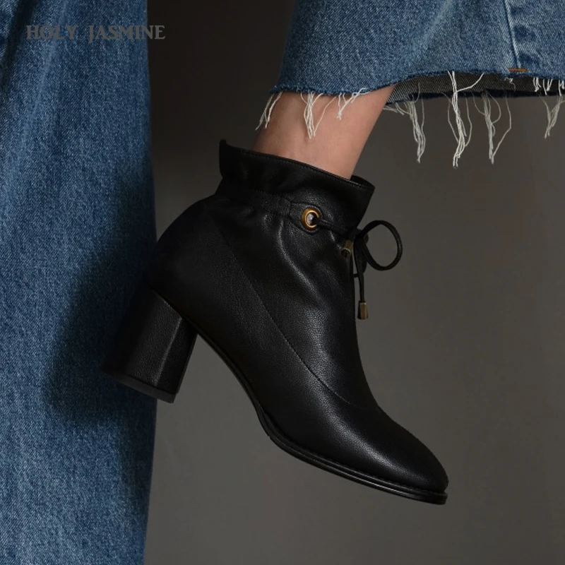 

HOT Genuine Leather Women Boots Spring/Autumn Retro Ankle Strap Sheepskin Boots Pigskin Inside Lace-Up High (5cm-8cm)