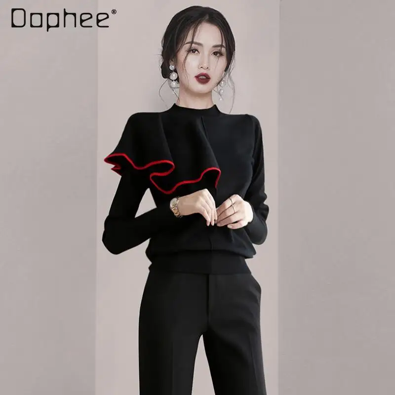 

French Style Sweaters for Women 2022 Spring New Temperament Woman Slim Fit Long Sleeve Ruffled Pullover Knitwear Dropshipping