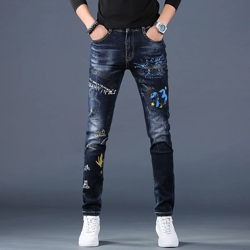 

2021 High Quality Men’s Elastic Denim Pants,Stylish Pattern Printing Decors Washed Jeans,Boys’Slim-fit Casual Denim Jeans;