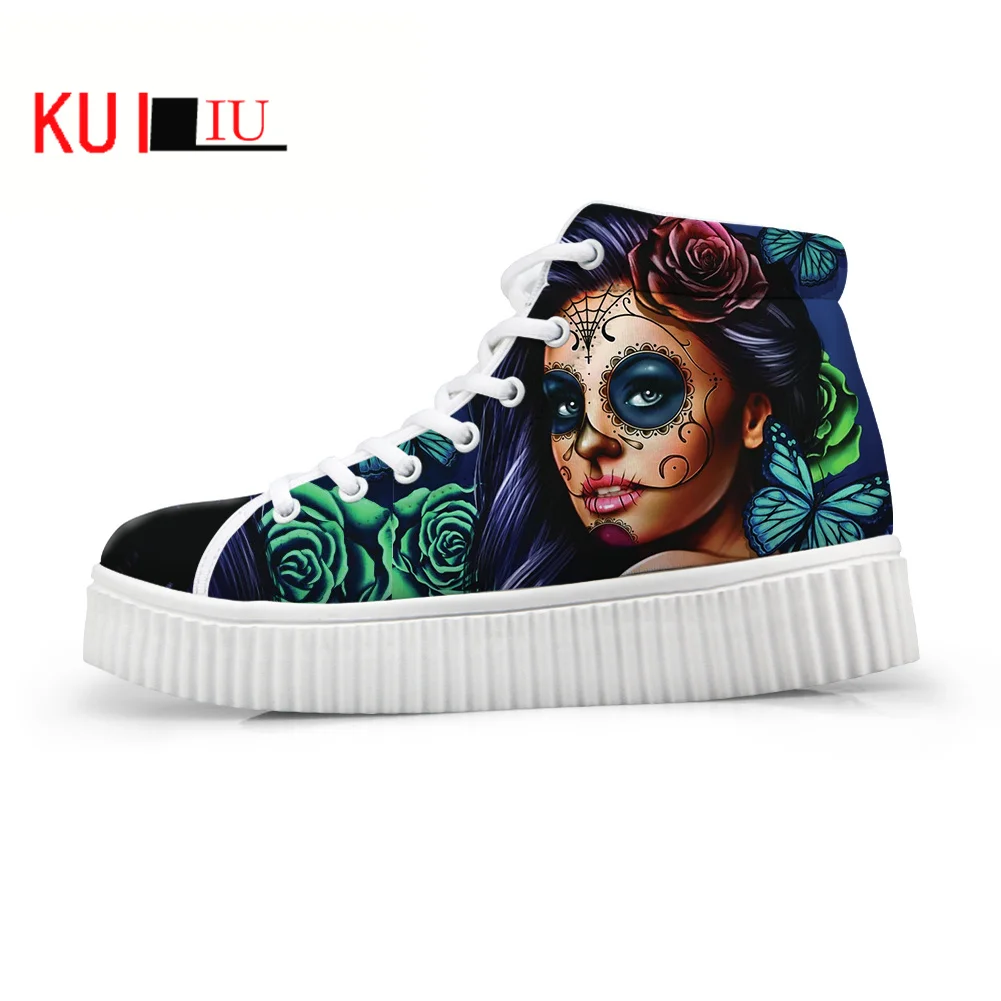 

KUILIU 2021 Women Loafers Beauty Skull Graffiti Print Flat on Platform Shoes Flowers Thick Sole Slip on Shoes Ladies Casual Shoe