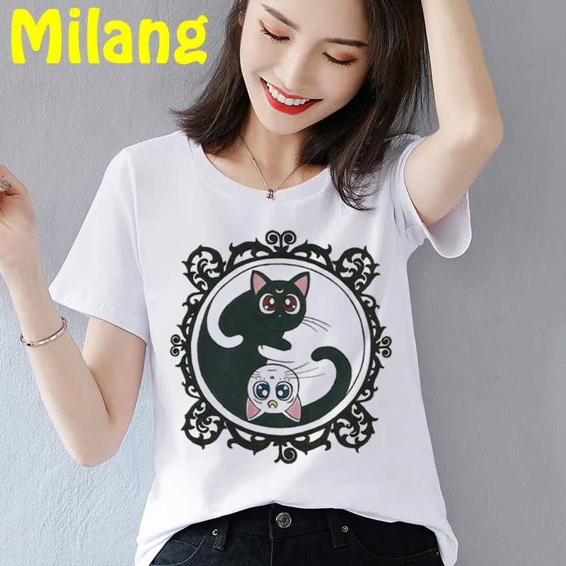 

Women Cartoon Sailor cats 90s funny Mujer Camisetas White Top T Shirts Aesthetics Graphic Short Sleeve t-shirt Polyester T-shirt
