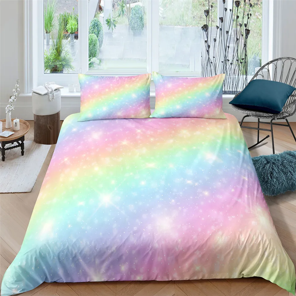 

Rainbow Bedding Set For Kids Girls Teens Printing Colorful Comforter Cover Luxury Lightweight Bedclothes Decor With Pillowcases