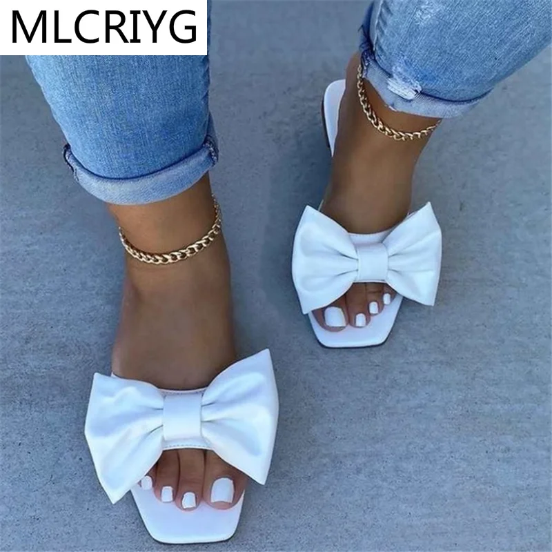 

Сандалии женские на платформе с квадратным носком, модные босоножки с бантом, открытый носок, уличные пляжные тапочки на плоской подошве, ле...