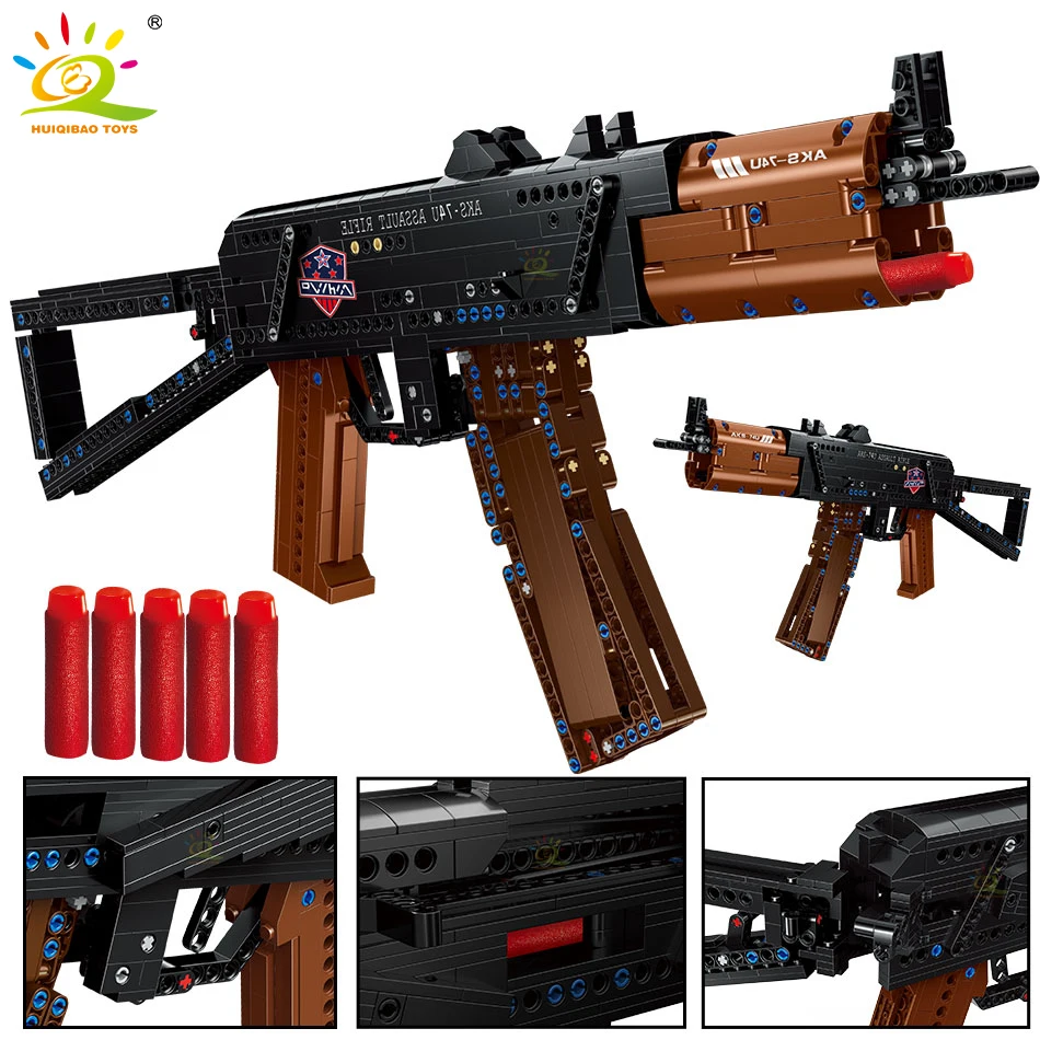 HUIQIBAO 881Pcs DIY Aks-74u Submachine Gun Building Blocks Military Technical Weapon Educational Bricks Toys For Children | Игрушки и