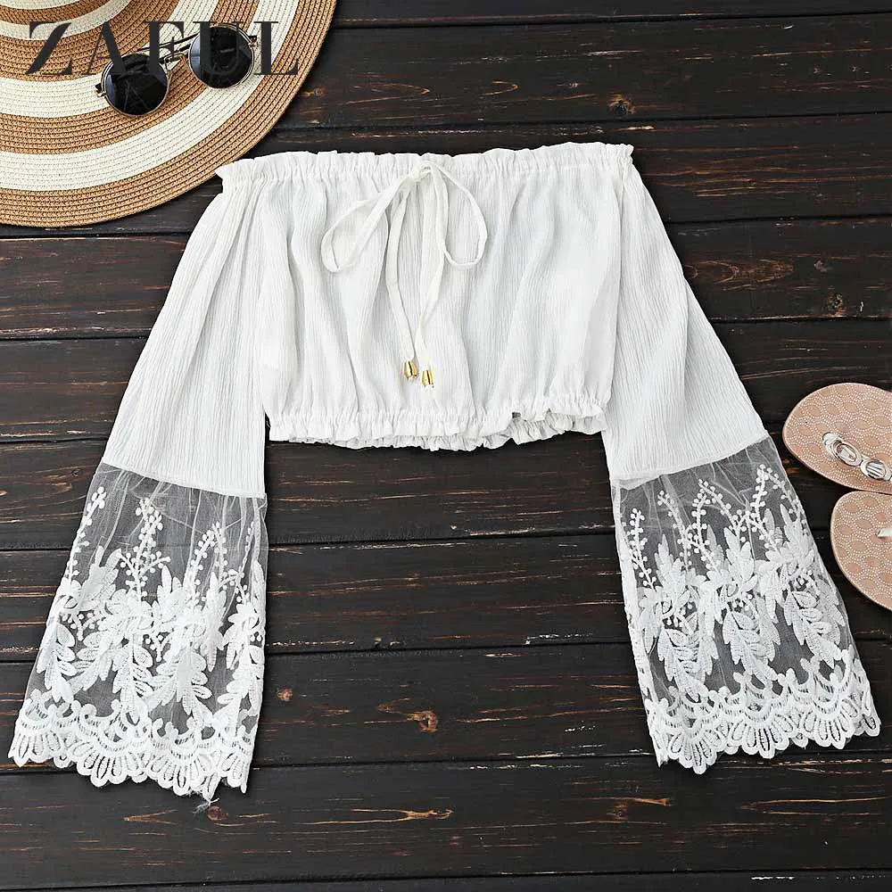 ZAFUL Вышитая сетчатая вставка укороченная блузка с плеча Зашнурованные хлопковые