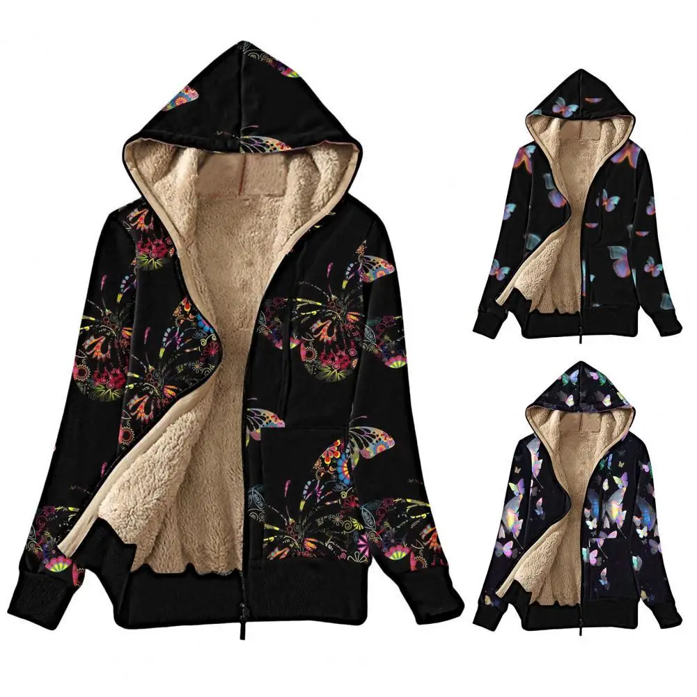

Women's Coat Butterfly Print Plush Thick Autumn Winter Jacket Long Sleeve Casual Oversize Hooded Sweatshirts Woman Clothing