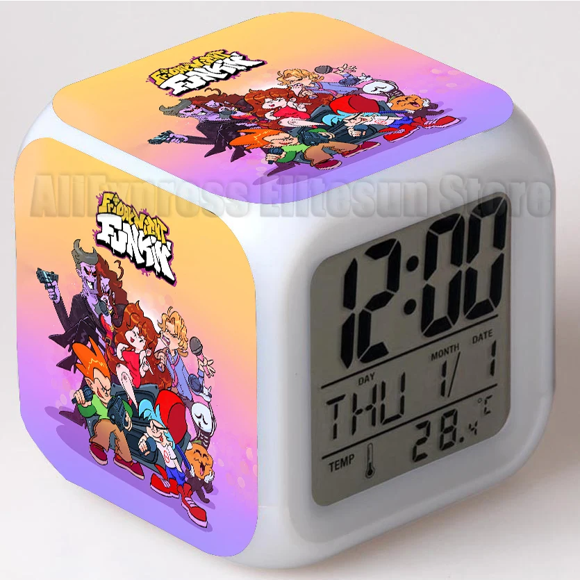 Friday Night Funkin Alarm Clocks Kids Child Wake Up Clock 7 Color Changing LED Night Light Digital Clock with Thermometer images - 6