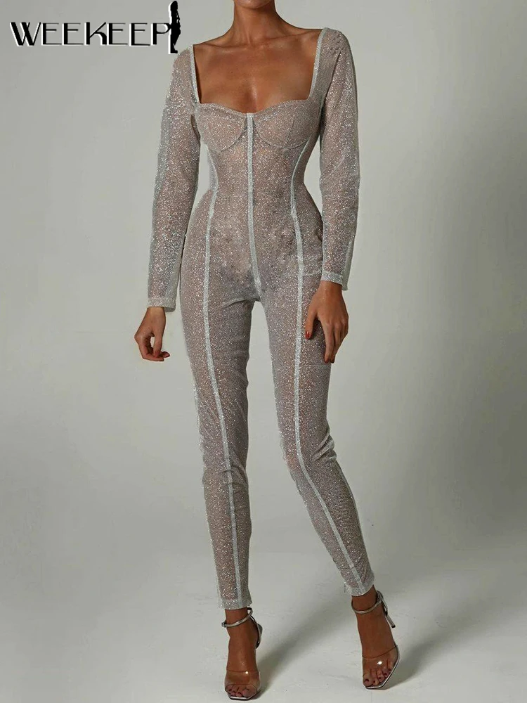 

Weekeep/пикантные вечерние комбинезоны в сеточку с блестками; Винтажный комбинезон с квадратным воротником; Прозрачная Клубная одежда; Y2k Эсте...