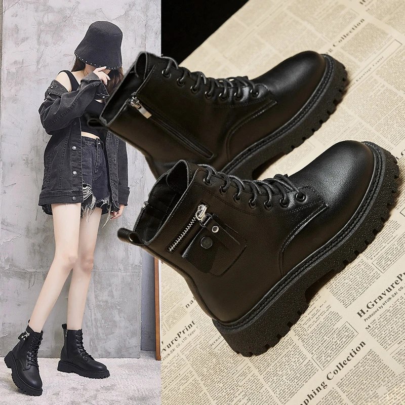 

Fashion Leather Boots Woman shoes Winter Warm Lace-up Ankle Boots For Woman High Quality Waterproof Platform Boots 2021