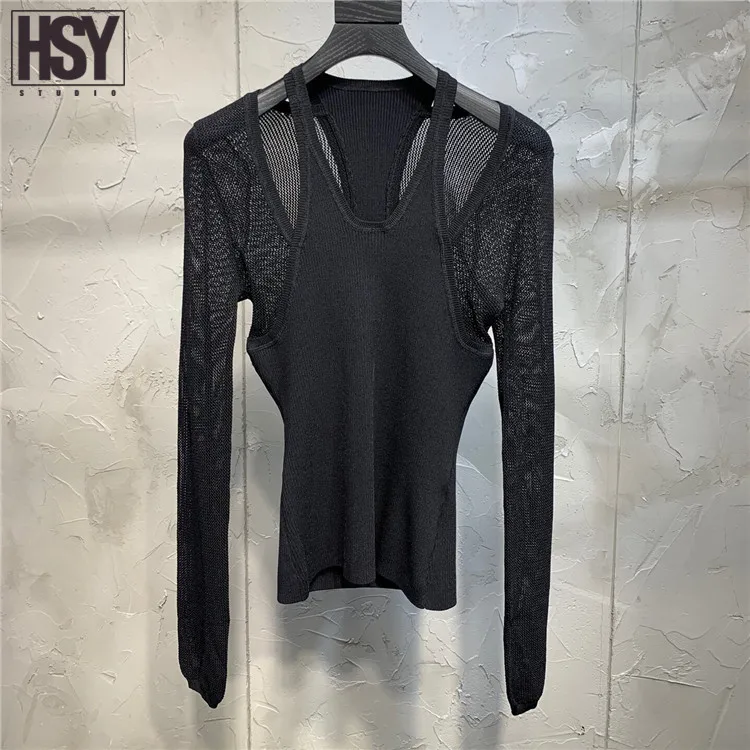 【HSY studo】2019 новый осенний Женский трикотажный топ с полой орфографией черный