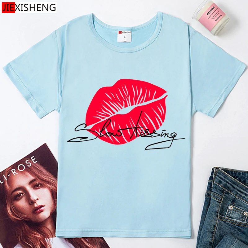Сексуальная Женская футболка с принтом губ летняя повседневная короткими