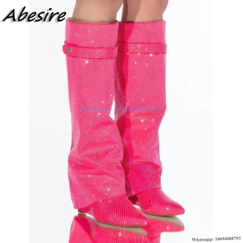 Abesire-Botas de tiburón rosa para mujer, cuñas de microfibra, tacón alto, Punta puntiaguda hasta la rodilla, zapatos de talla grande, novedad, Otoño e Invierno