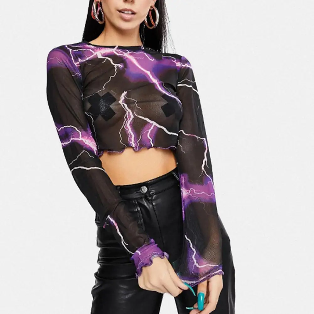 

Women Shirt Printed Mesh See-through Long Sleeve Crop Top for Dating