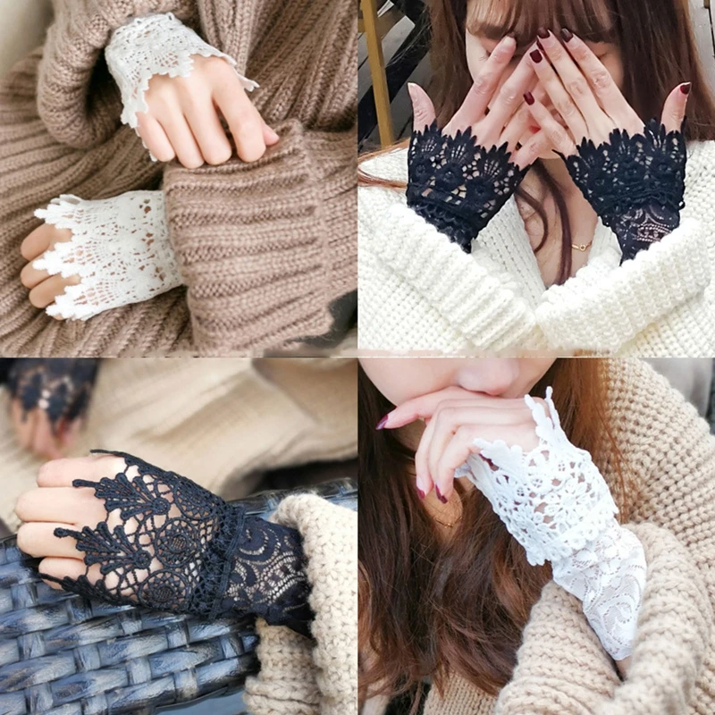 

Women Sweet Hollow Out Crochet Lace Wrist Cuffs Stretch False Fake Sleeves Solid Color Vintage Decorative Bracelet
