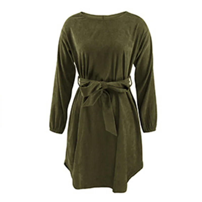 

Winter Casual Women Corduroy Dress Long Sleeve O-neck Sashes Woman Knee-length Dresses Autumn Fashion Loose Pure Color Dress
